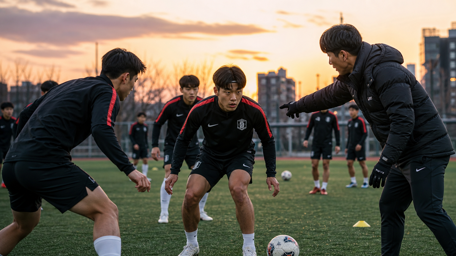 해질녘 훈련 중인 젊은 한국 축구 선수들