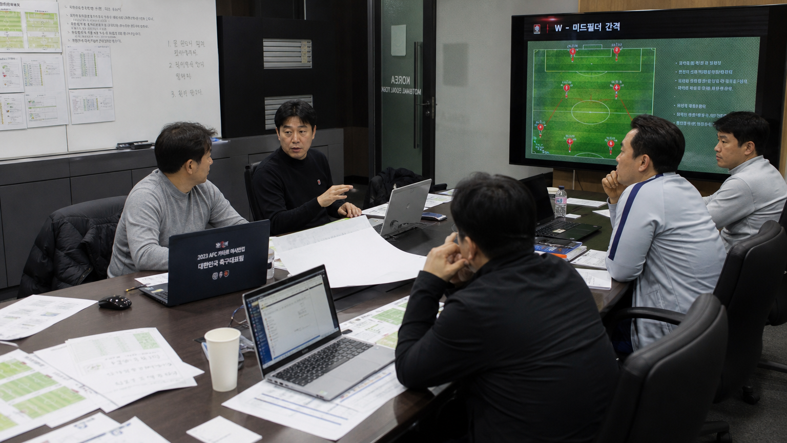 축구 전략을 논의하는 한국 협회 관계자들의 회의 장면