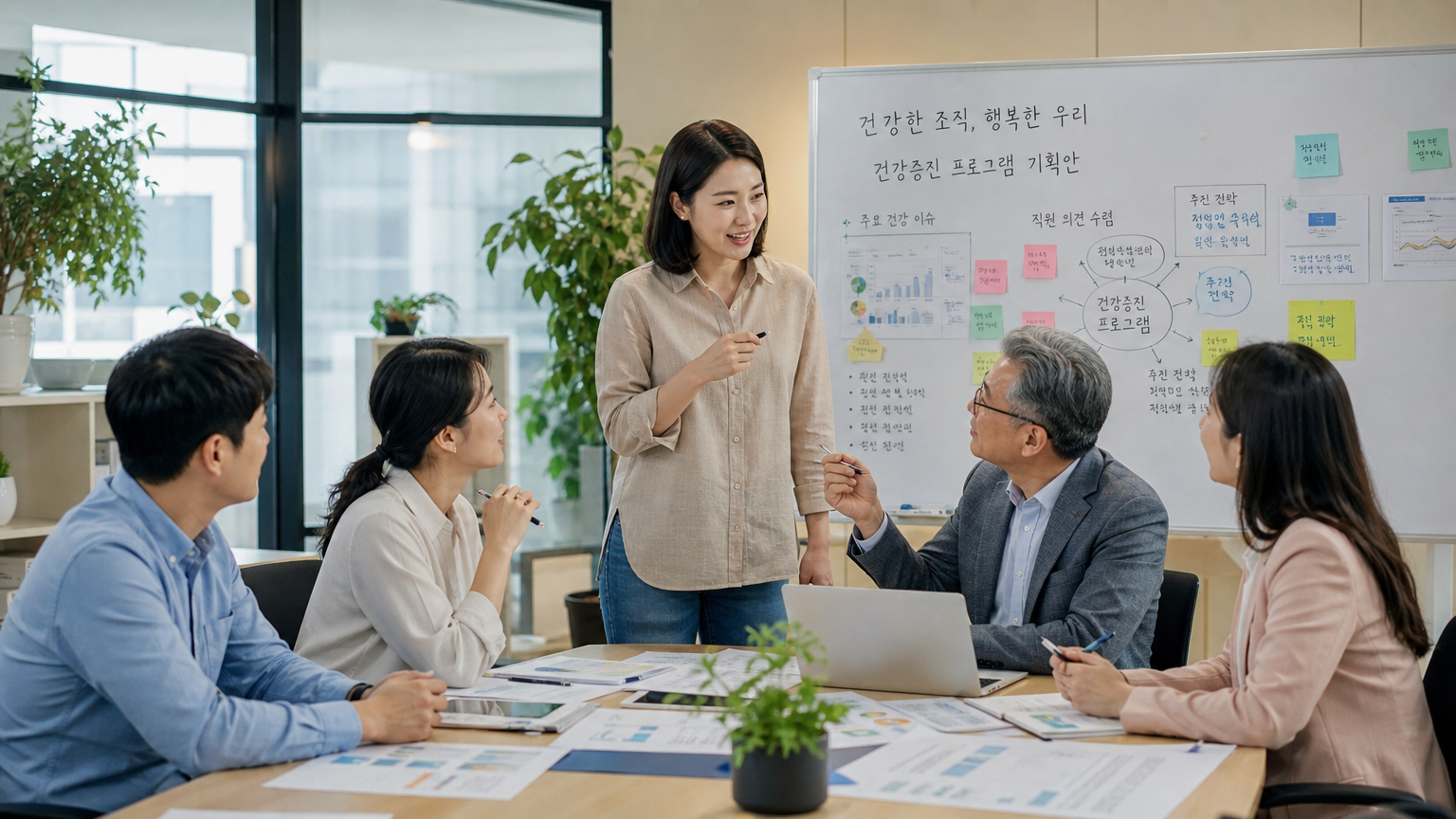 다양한 연령대의 한국인 근로자들이 건강 증진 전략에 대해 논의하는 협력적 회의 공간