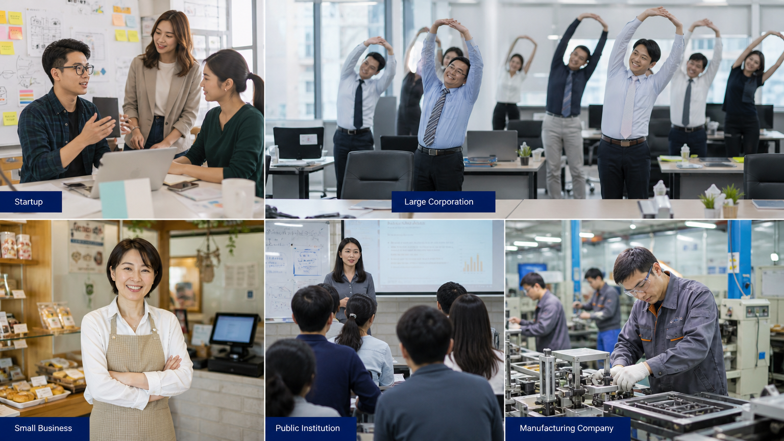 소규모 스타트업부터 대기업까지 다양한 한국 내 사업장이 건강 프로그램 혜택을 받는 모습