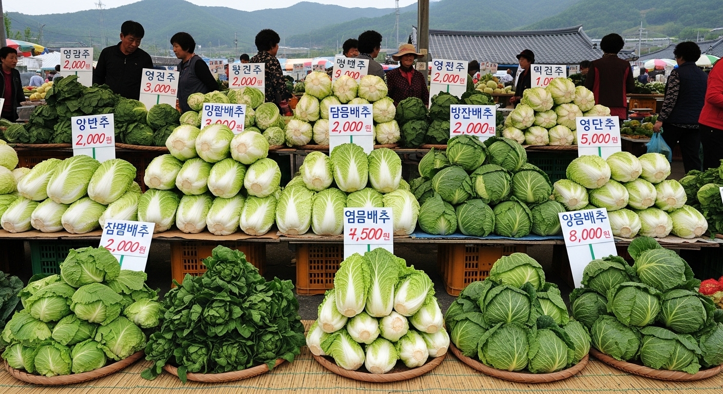 각기 다른 배추를 판매하는 시골 시장 풍경