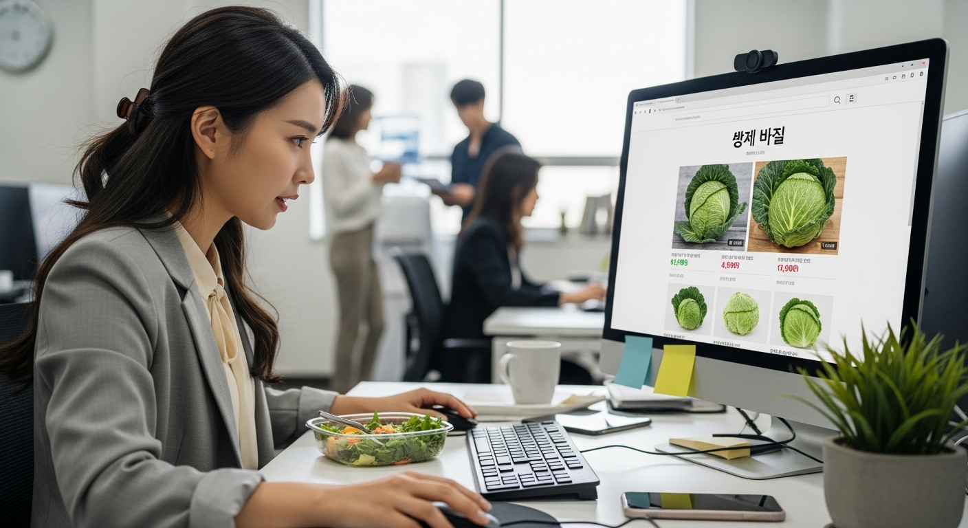 점심시간에 책상에서 배추 할인 정보를 검색하는 직장인