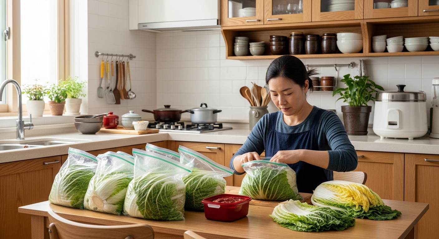 여성 요리사가 주방에서 배추를 비닐봉지에 담아 냉장고에 넣는 장면