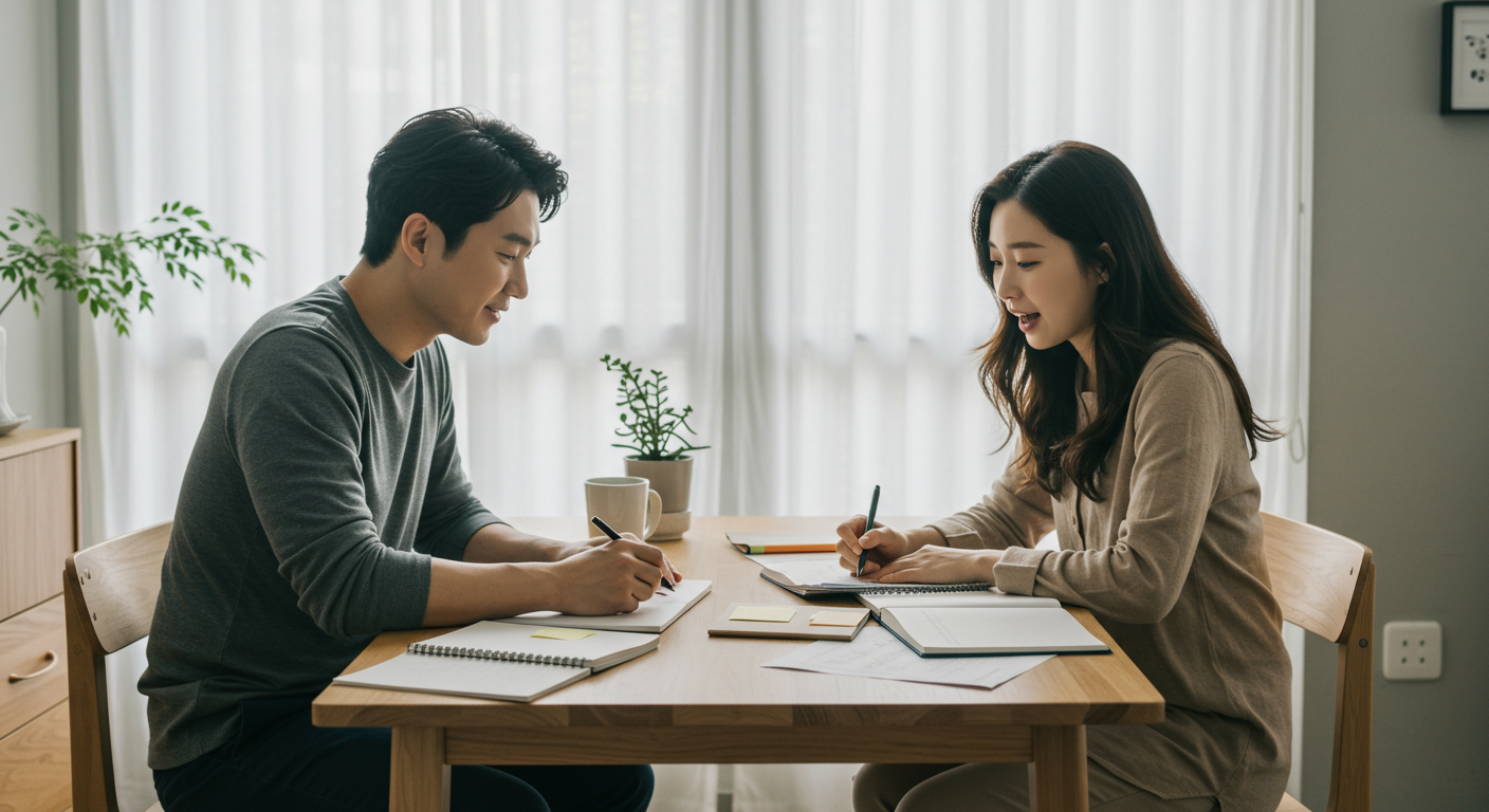 밝은 방에서 노트북과 메모장을 놓고 임신 계획에 대해 이야기하는 현대적인 커플