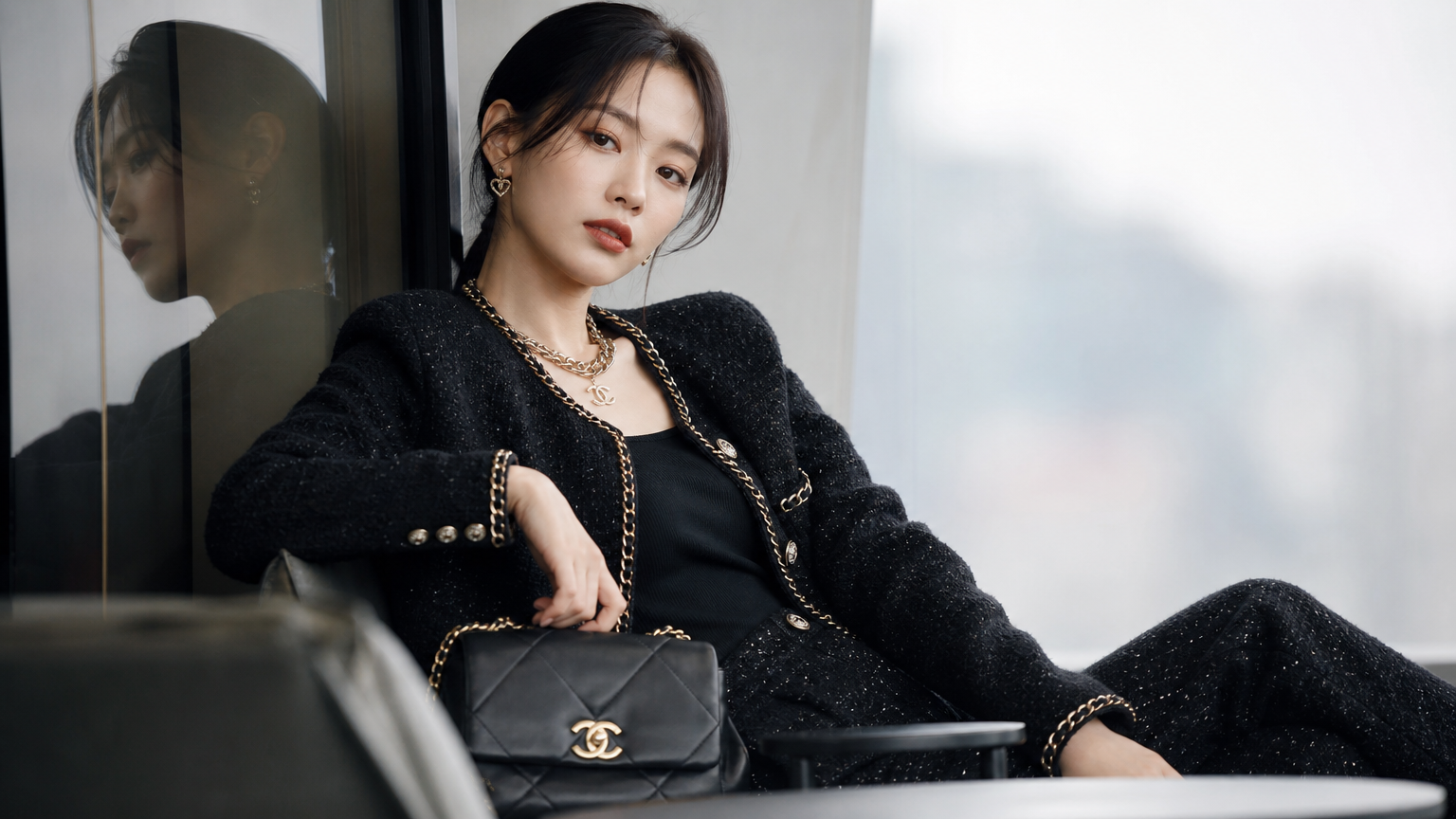 현대적인 한국 여배우가 세련된 샤넬 패션을 선보이는 모습
