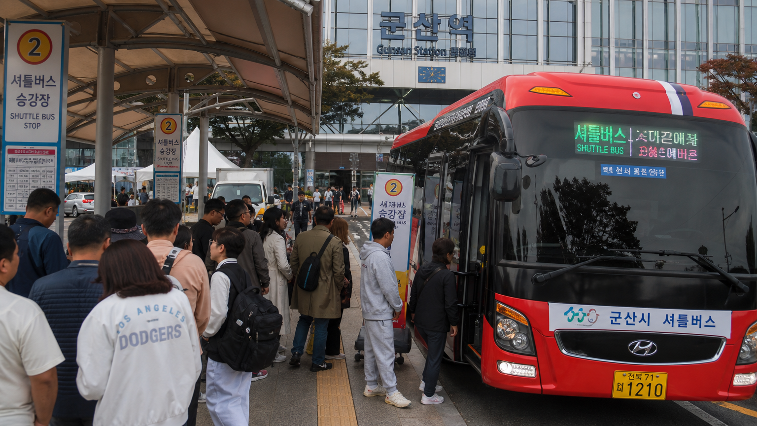 군산역에서 셔틀버스를 기다리는 한국인들의 모습 및 잘 조직된 대중교통 시스템
