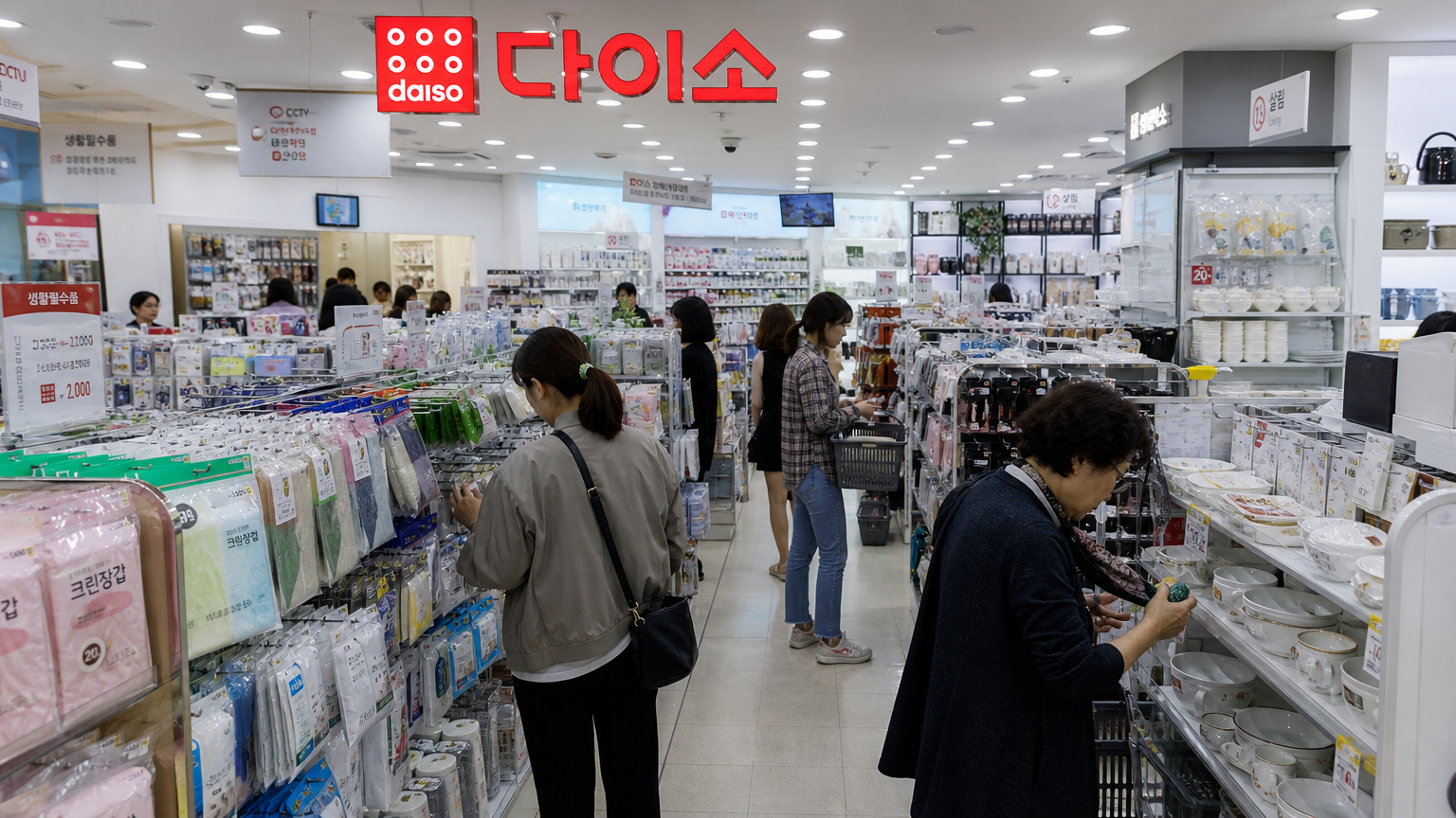 다양한 가정용품으로 가득한 한국의 다이소 매장 내부 풍경