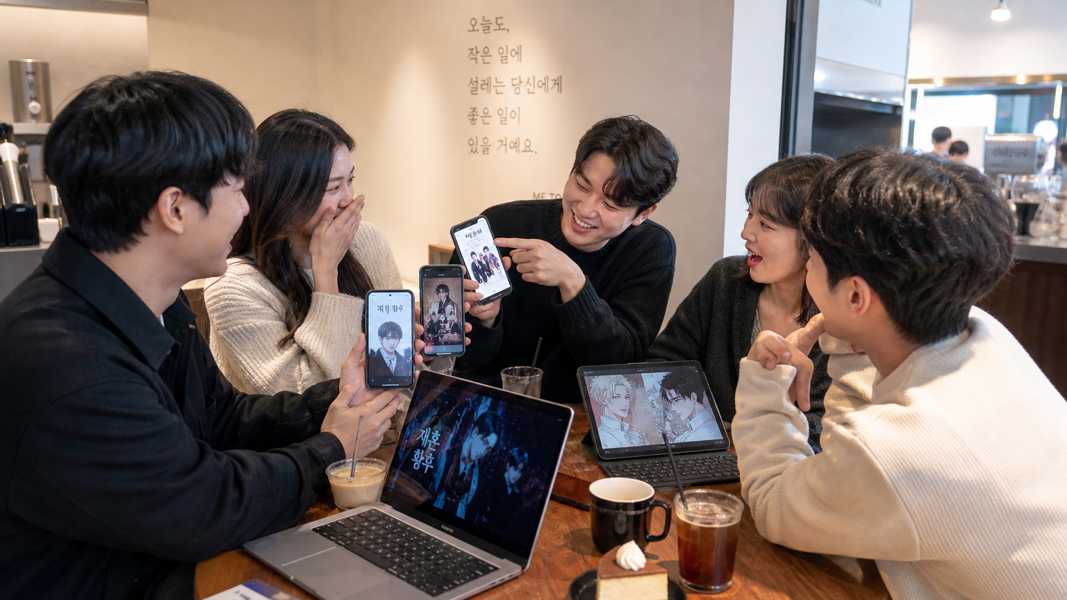 카페에서 웹툰과 드라마를 활발히 토론하는 친구들
