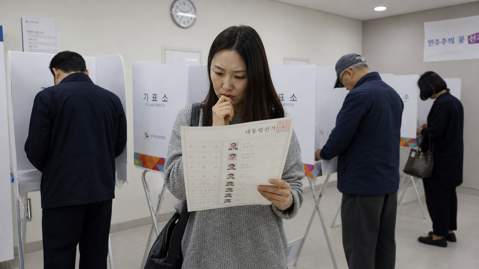 현대적인 투표소에서 여러 후보를 고민하며 투표지를 바라보는 유권자들