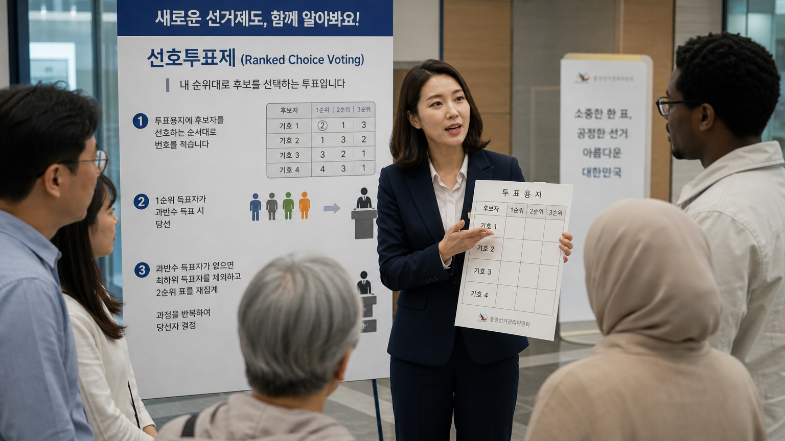 다양한 유권자들에게 순위별 투표 방식을 설명하는 한국의 선거 관리자