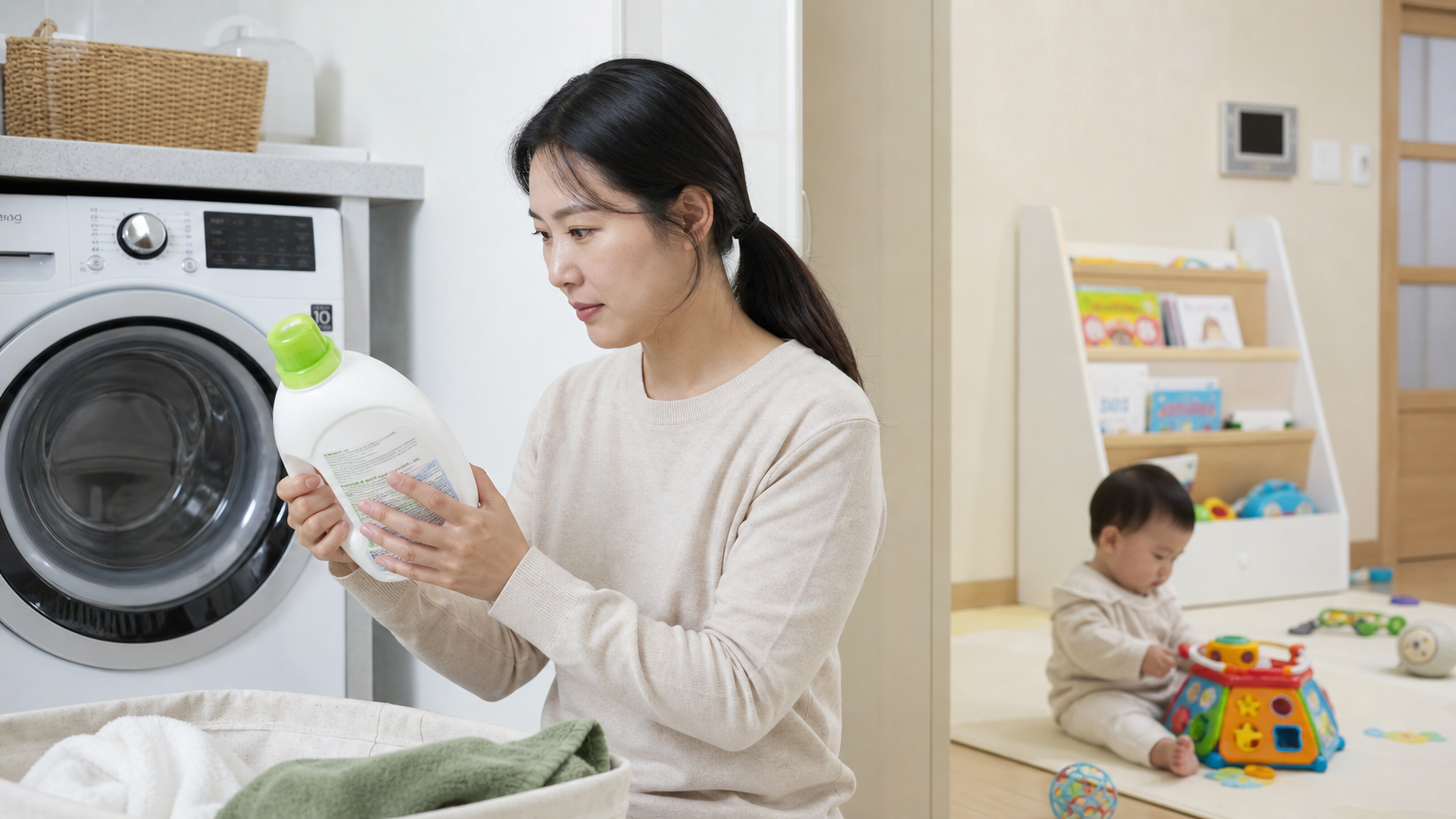 안전한 환경에서 아기가 놀고 있는 동안 집에서 세제 병의 성분표를 읽는 어머니의 모습