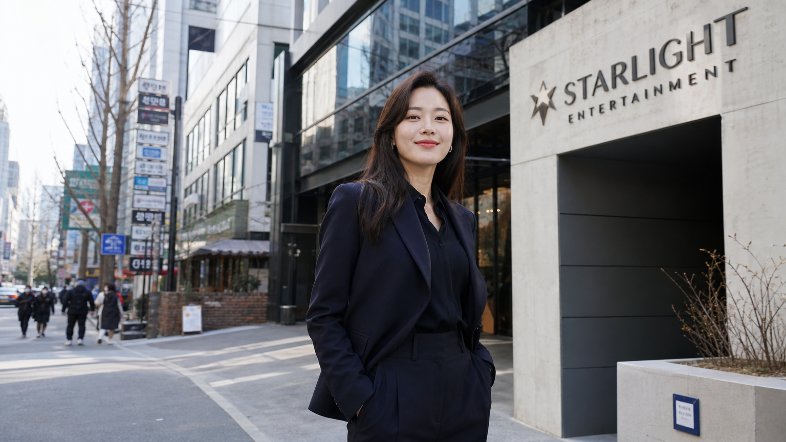 서울의 현대적인 건물 앞에서 미소 짓고 있는 여배우