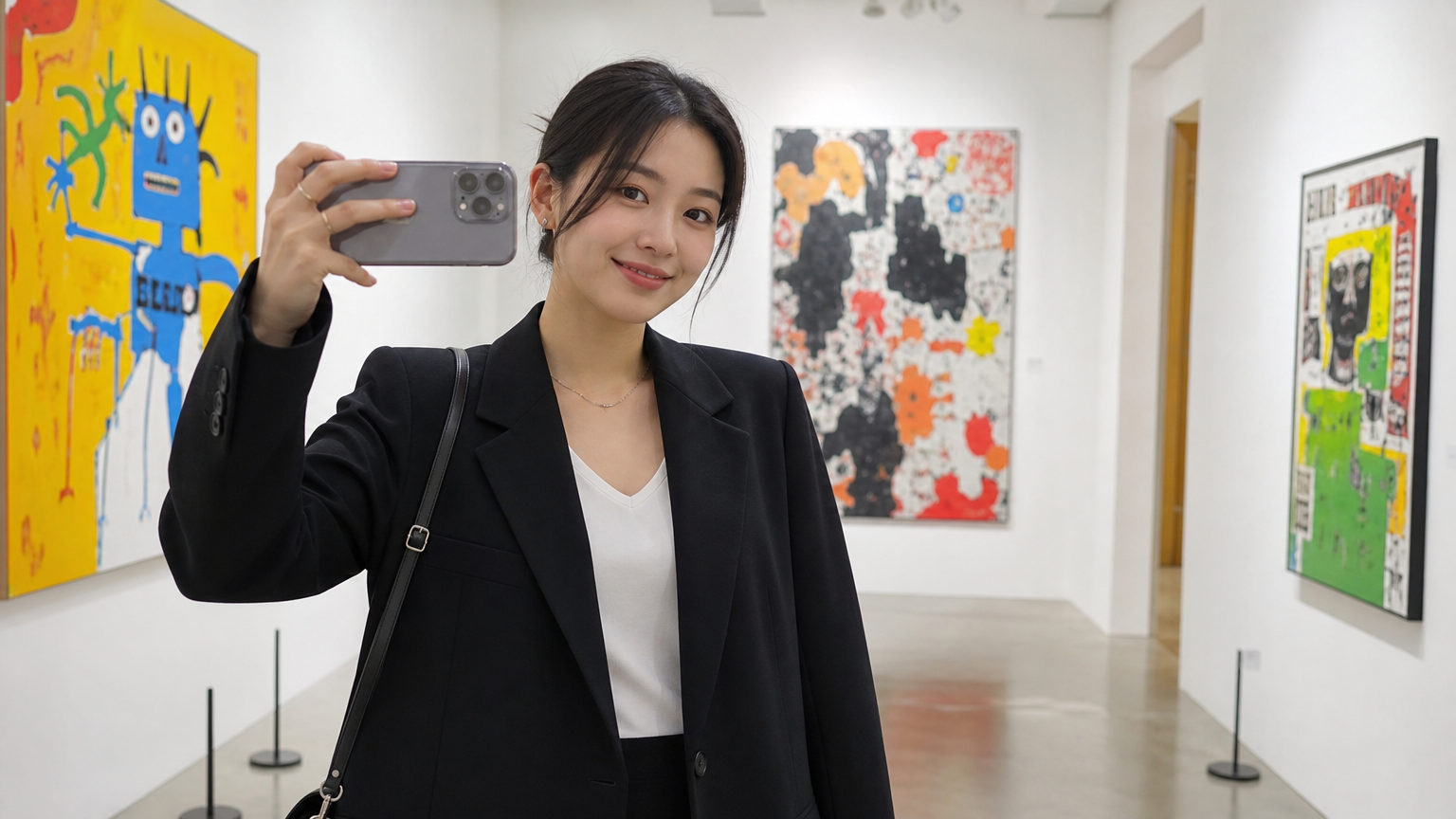 미술관에서 셀카를 찍고 있는 세련된 여성의 모습
