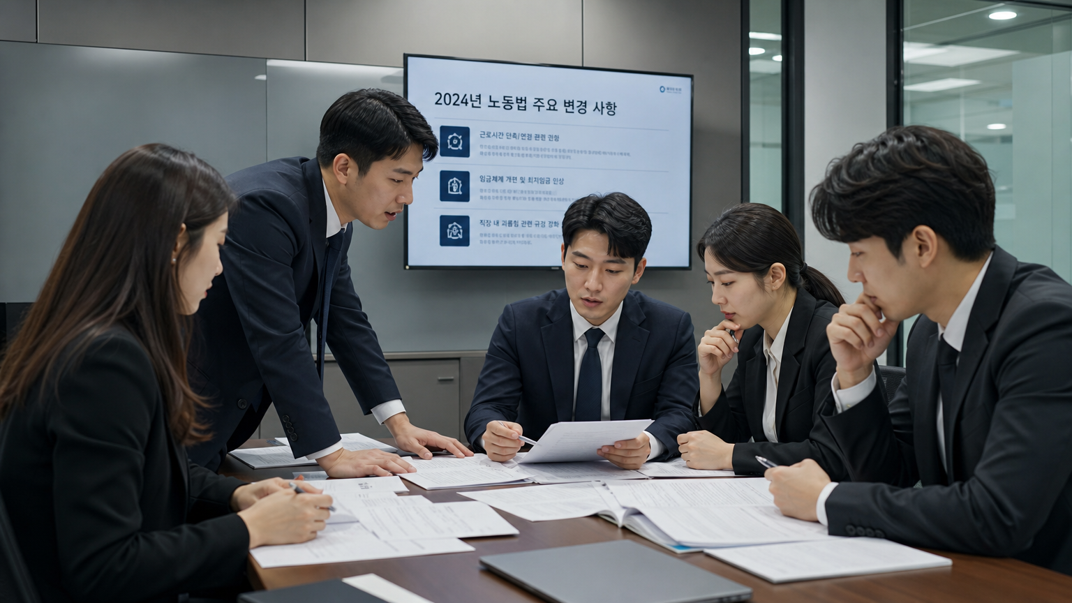 현대적인 사무실에서 직원들이 노동법 개정 사항을 논의하며 서류를 검토하는 모습