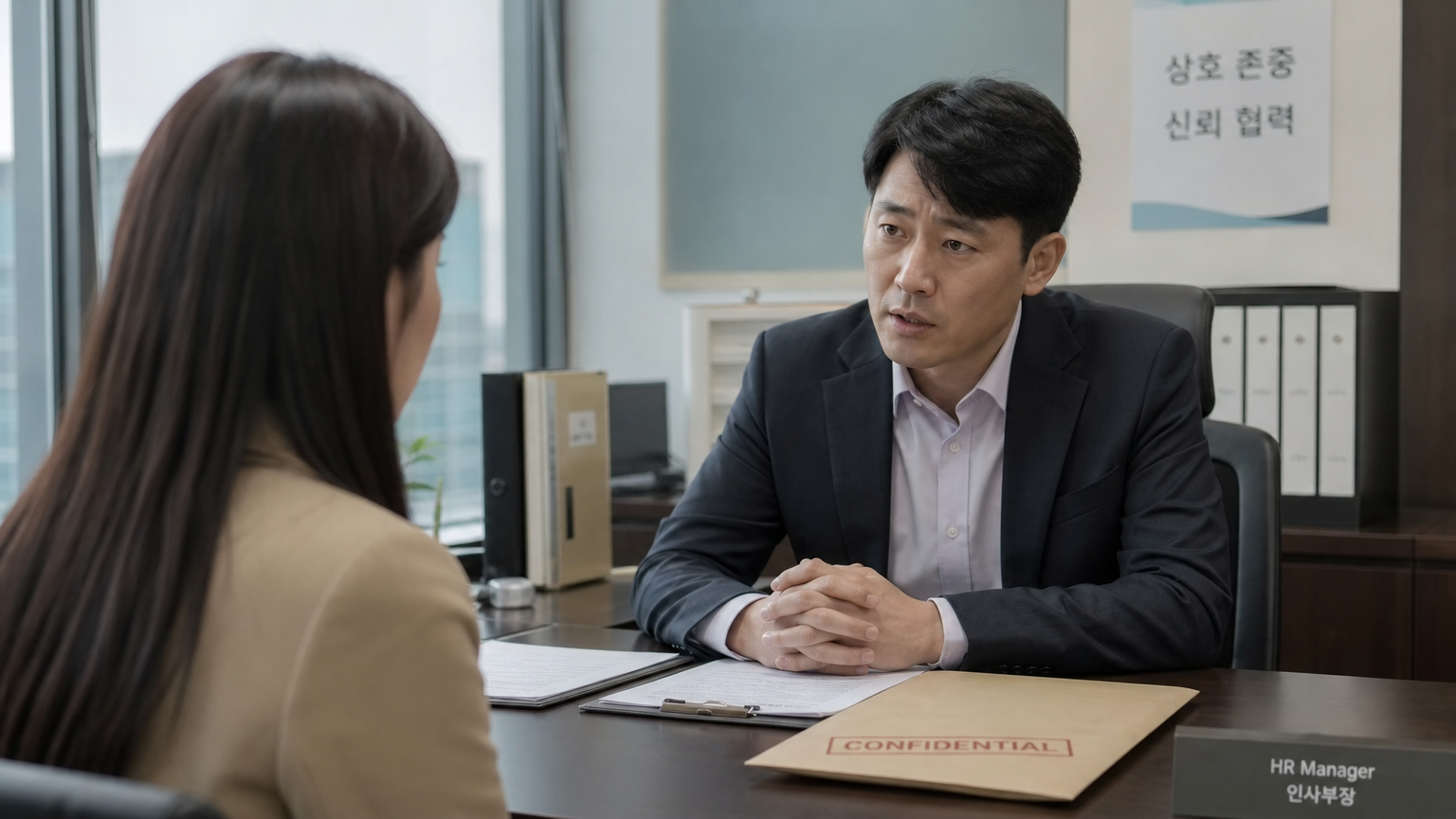 사무실에서 인사 관리자와 직원이 직장 내 괴롭힘 대책을 진지하게 논의하는 장면