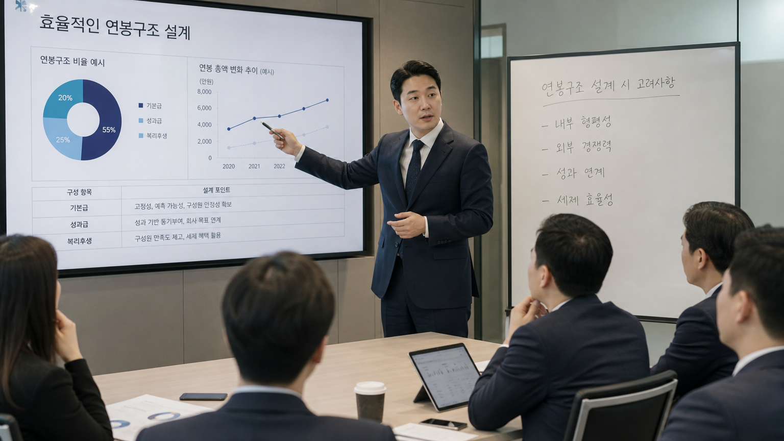 회의실에서 재정 전문가가 사업가들에게 효율적인 임금 설계를 설명하는 모습