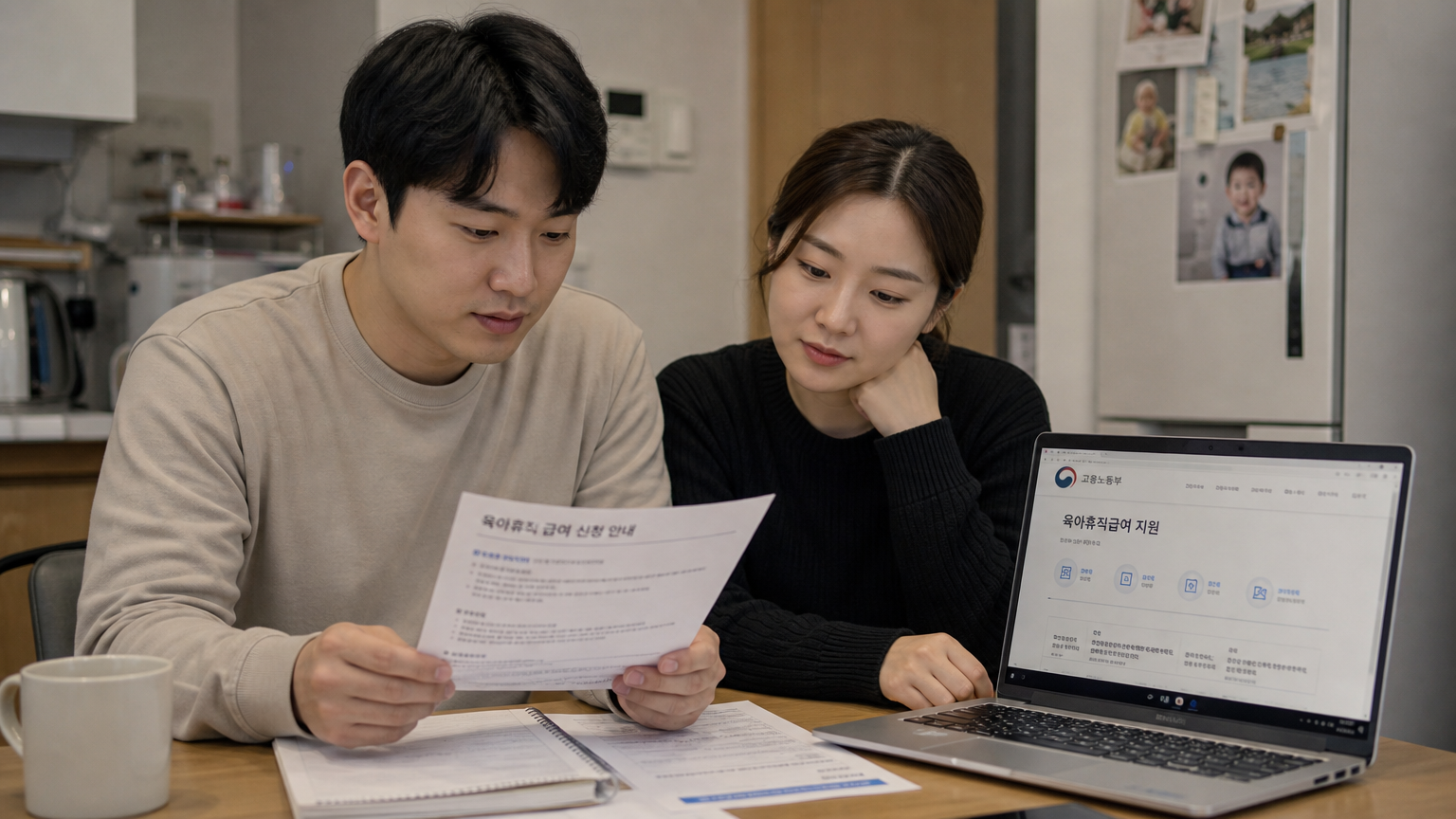 집에서 부모 휴가 혜택 관련 서류를 검토하며 정부 자료를 보는 부부의 모습