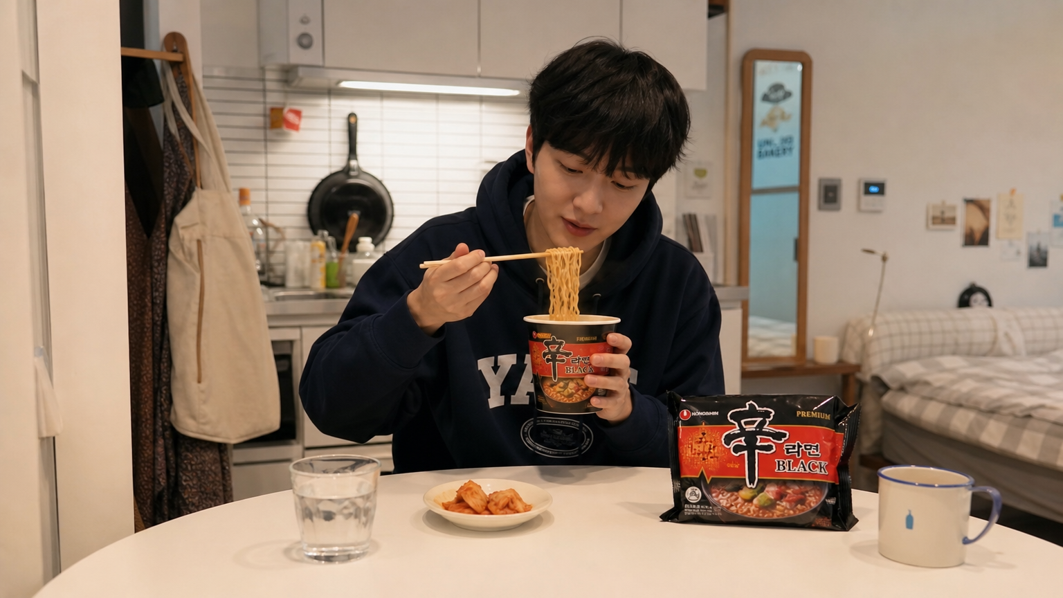 작은 원룸 주방에서 농심 컵라면을 먹고 있는 젊은 성인