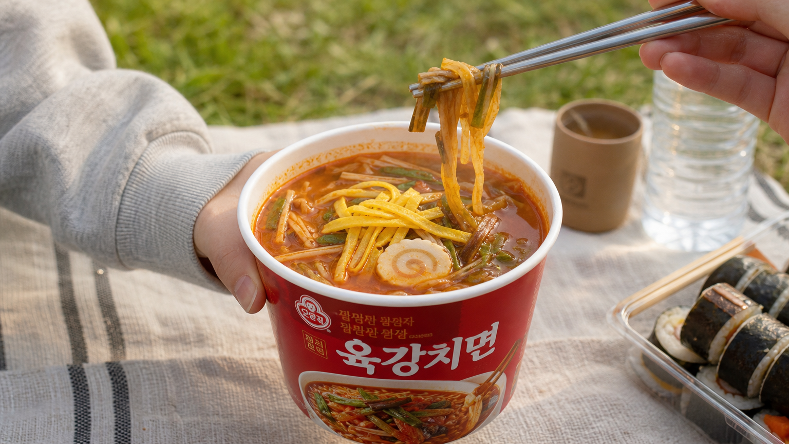 야외 피크닉에서 즐기는 육개장 사발면과 국물 속 계란 지단 및 어묵