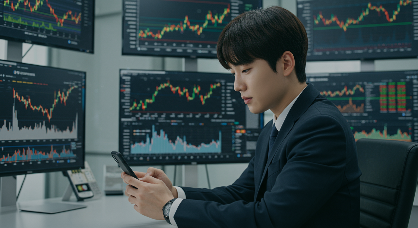 증권 앱을 사용하며 주식 데이터를 보는 젊은 전문가의 모습