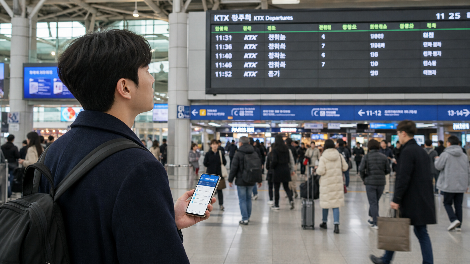 붐비는 기차역에서 스마트폰으로 코레일 앱을 보고 있는 한국 남성