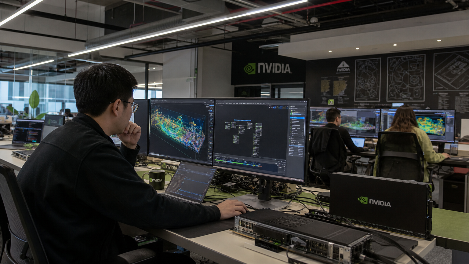 첨단 NVIDIA GPU를 작업하는 현대적인 사무실 내부 모습