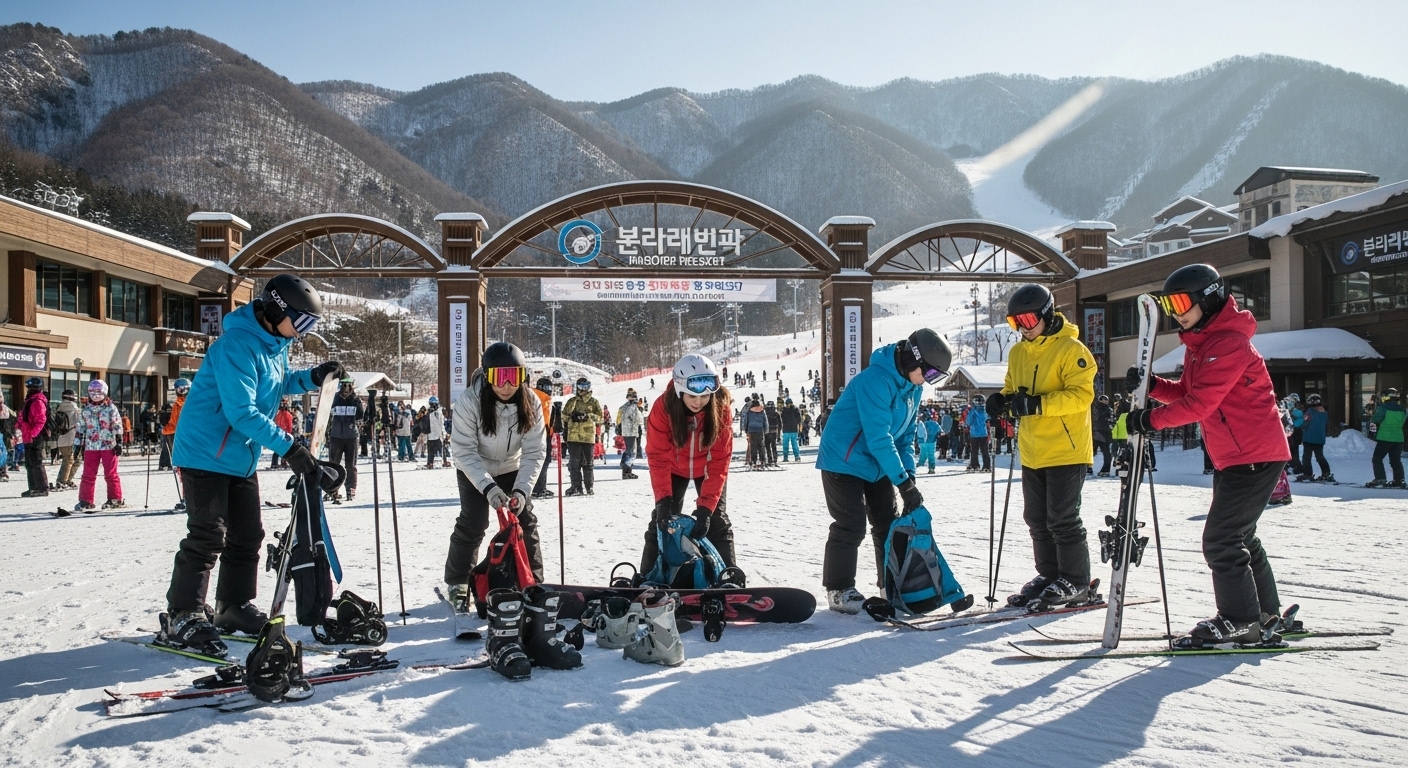 젊은 스키어들과 스노보더들이 겨울 스포츠 준비하는 모습, 눈 덮인 산 배경으로 장비 점검 중