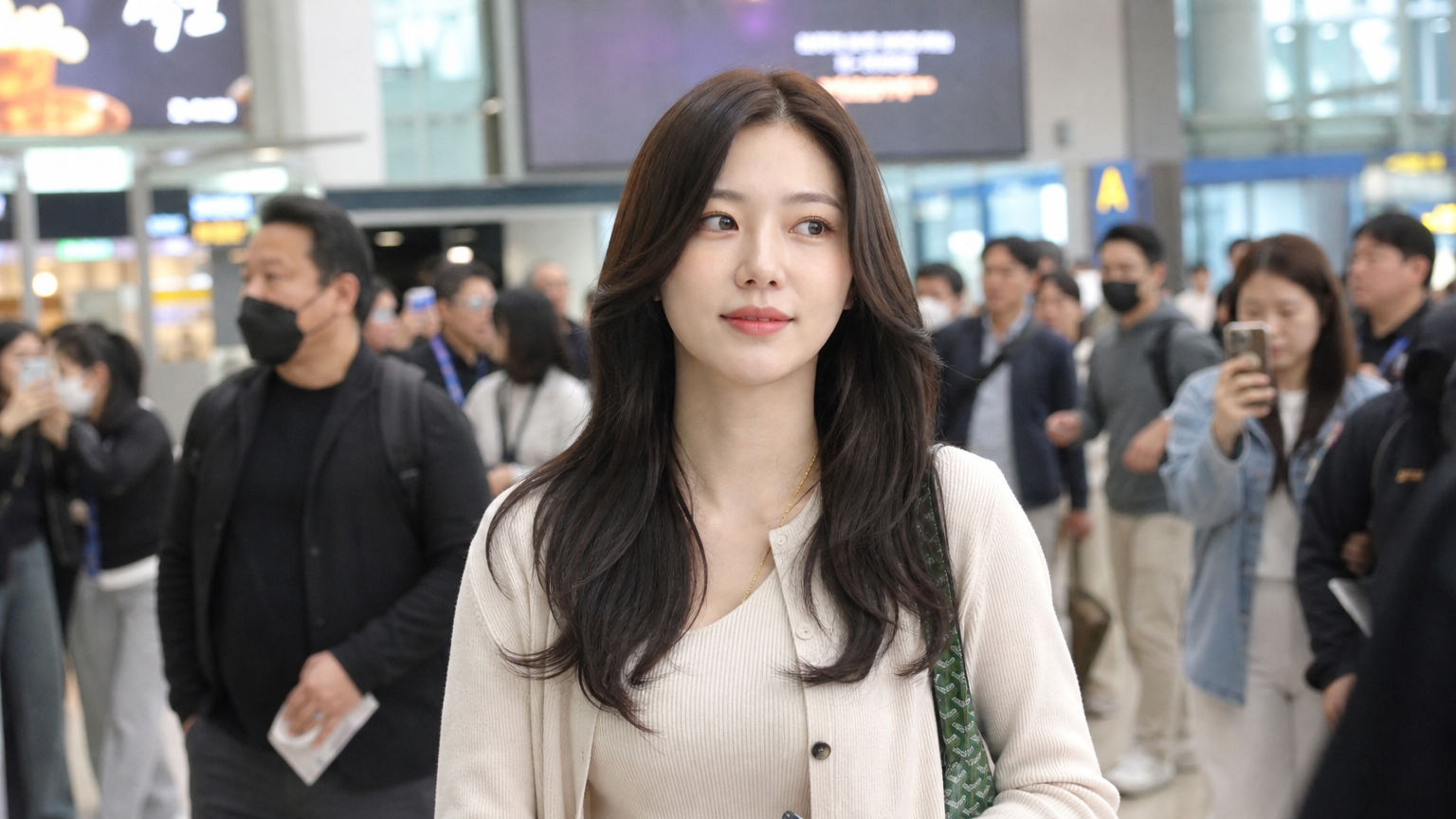 스타일리시한 공항 패션을 선보이는 현대적인 여배우 모습
