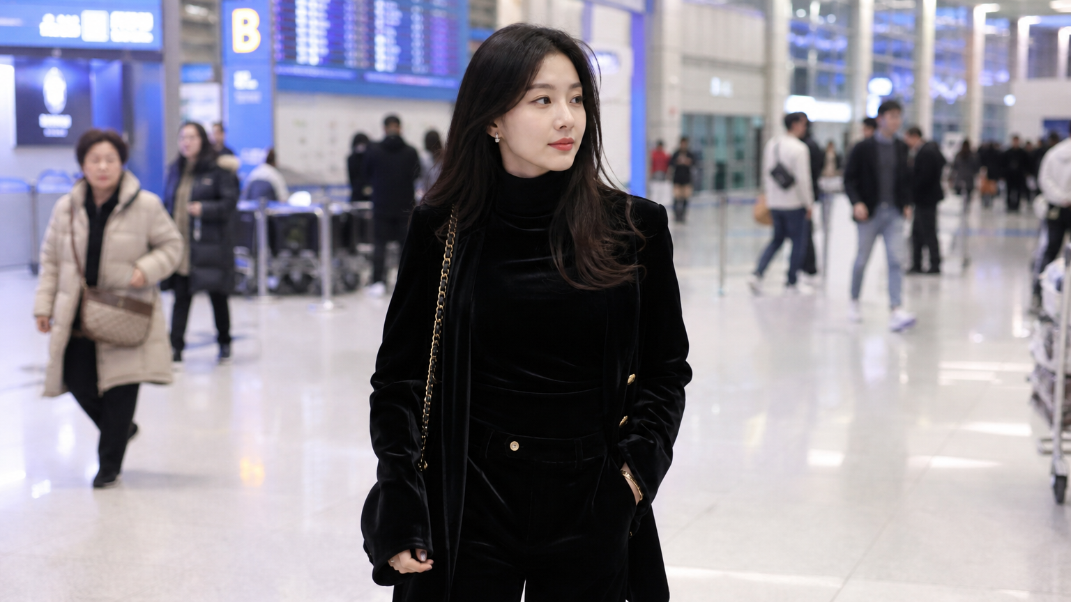 인천공항에서 올블랙 벨벳 셋업을 입고 있는 세련된 여성