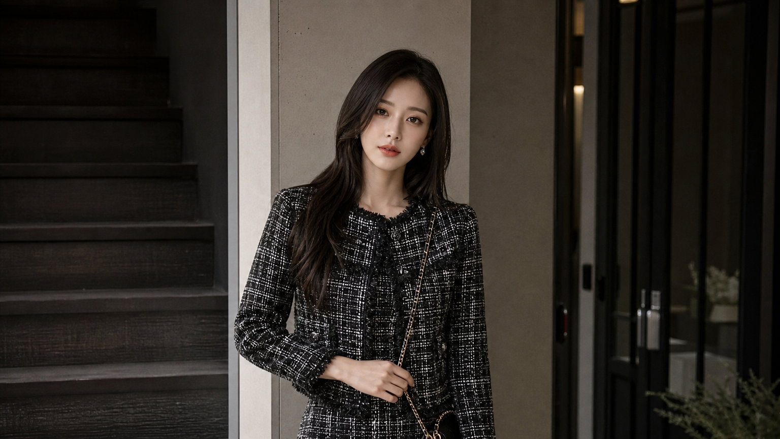 블랙과 화이트를 활용한 모노톤 패션을 입고 있는 우아한 여성