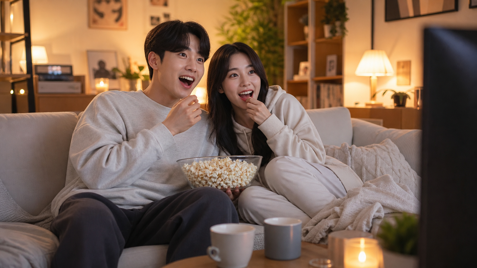 젊은 커플이 거실 소파에서 TV를 보며 팝콘을 먹고 있는 모습