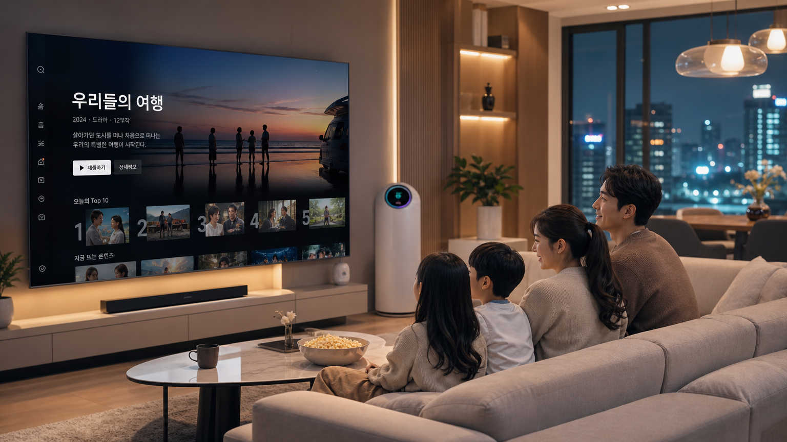 가족이 OTT 플랫폼 화면 앞에 모여있는 현대적인 주거 환경