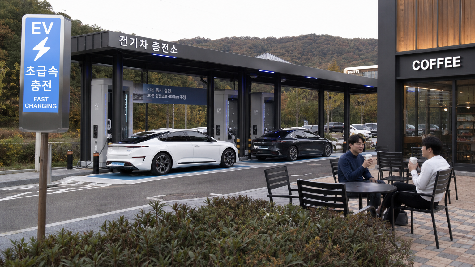휴게소에서 커피를 즐기는 동안 전기차가 빠르게 충전되는 장면