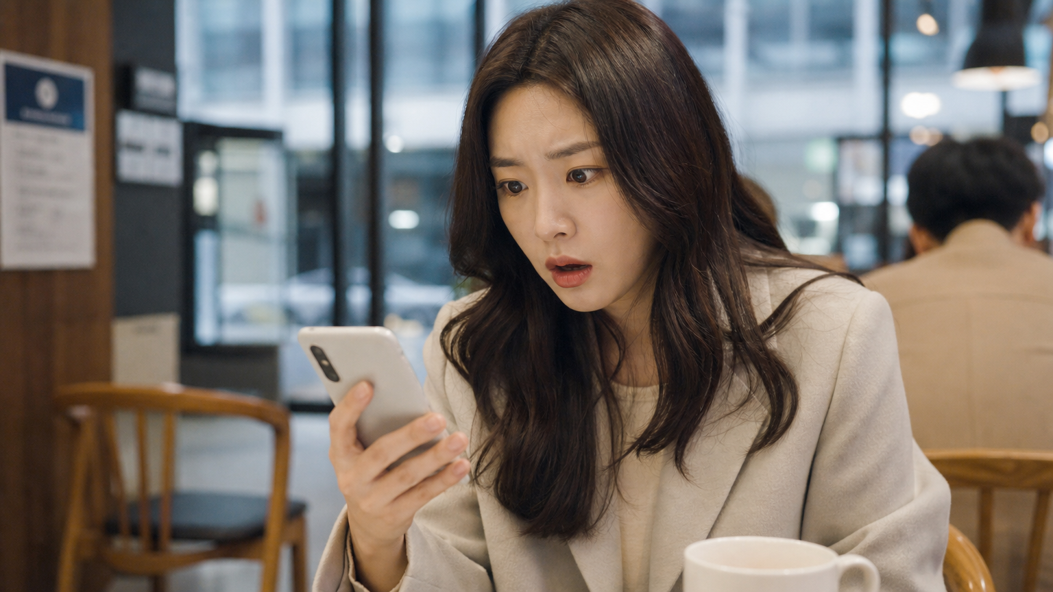 현대적인 카페에서 스마트폰으로 놀라운 뉴스를 읽는 직장인의 모습