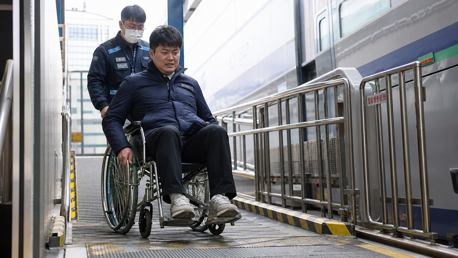 기차역 경사로에서 휠체어를 타고 이동하는 남성과 그를 돕는 근무자의 긴장된 순간