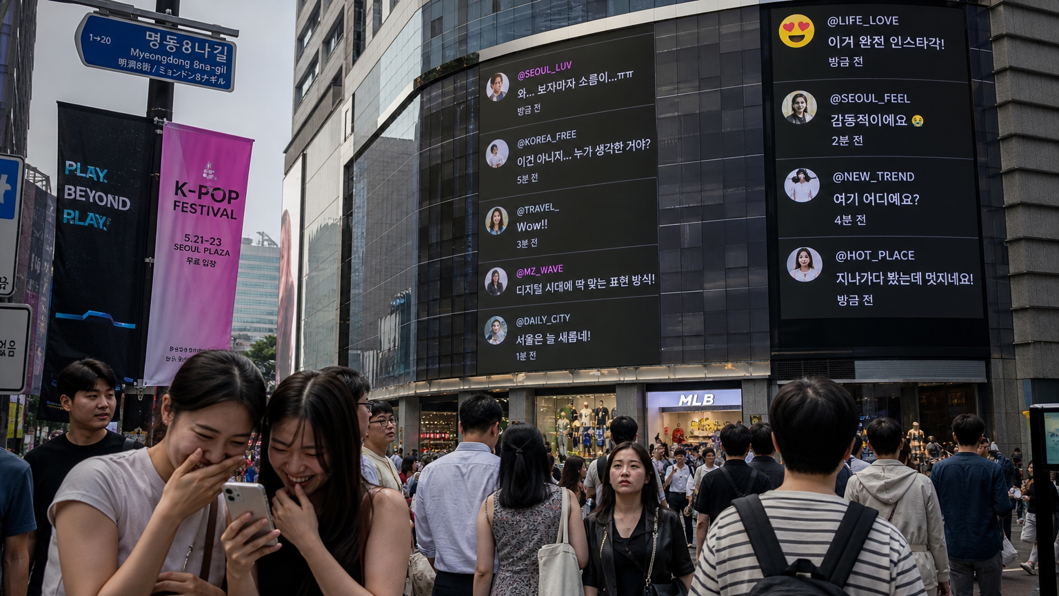 서울 거리의 디지털 광고판에 소셜 미디어 댓글이 표시되고 지나가는 사람들이 다양한 반응을 보이는 장면