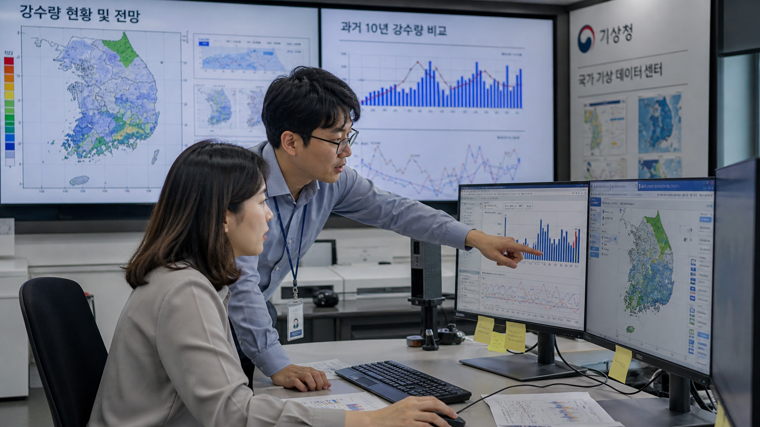 현대적인 기상센터에서 강수량 데이터를 분석하는 기상학자들