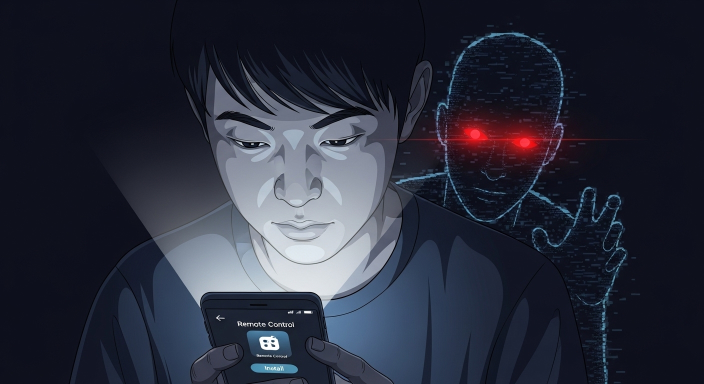 스마트폰에 원격 제어 앱을 설치하고 있는 사람 뒤에 디지털 그림자가 감시하는 장면