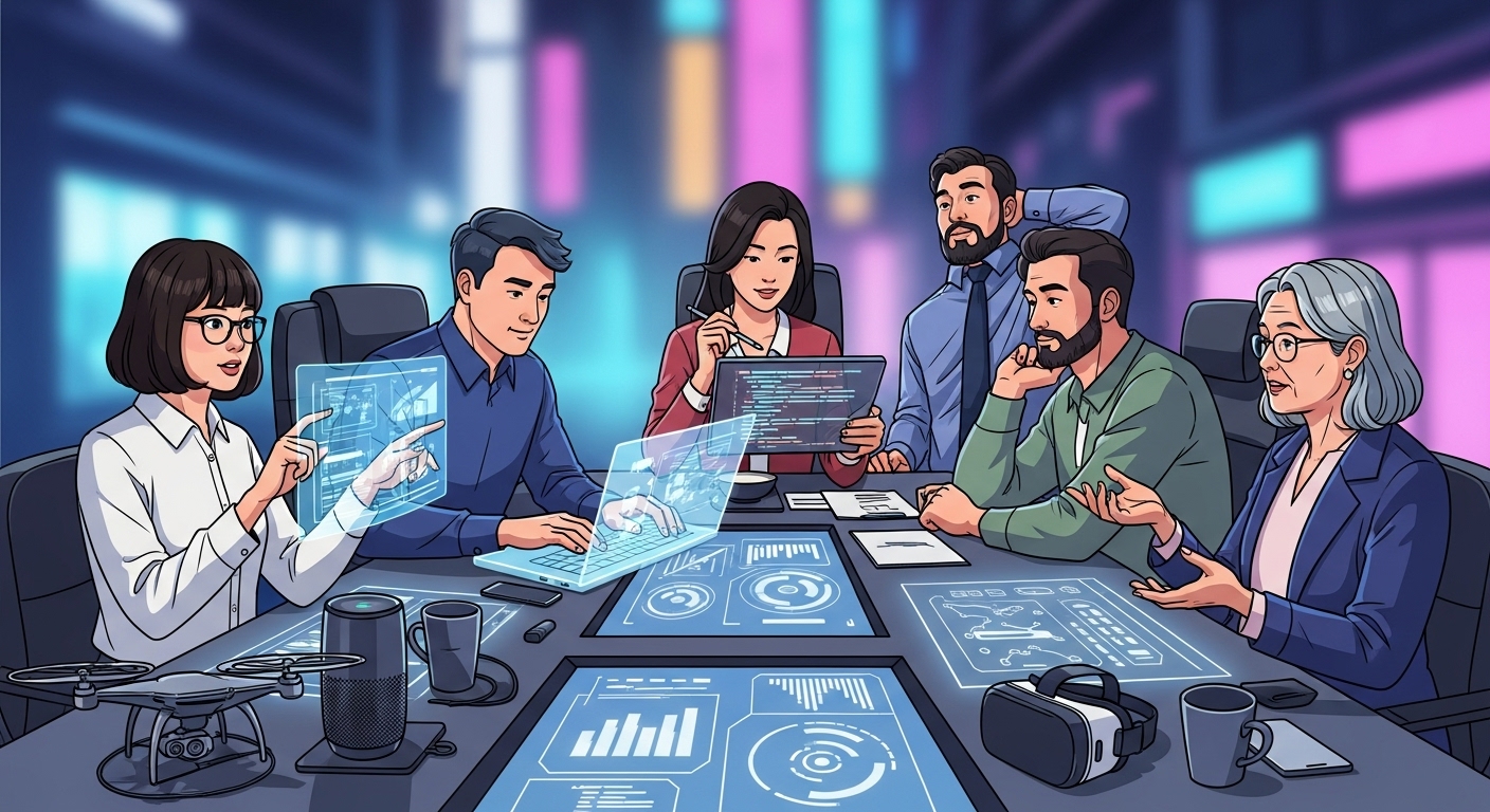 사이버 보안 대책을 논의하는 현대 한국인들이 모여 있는 미래지향적인 회의 장면