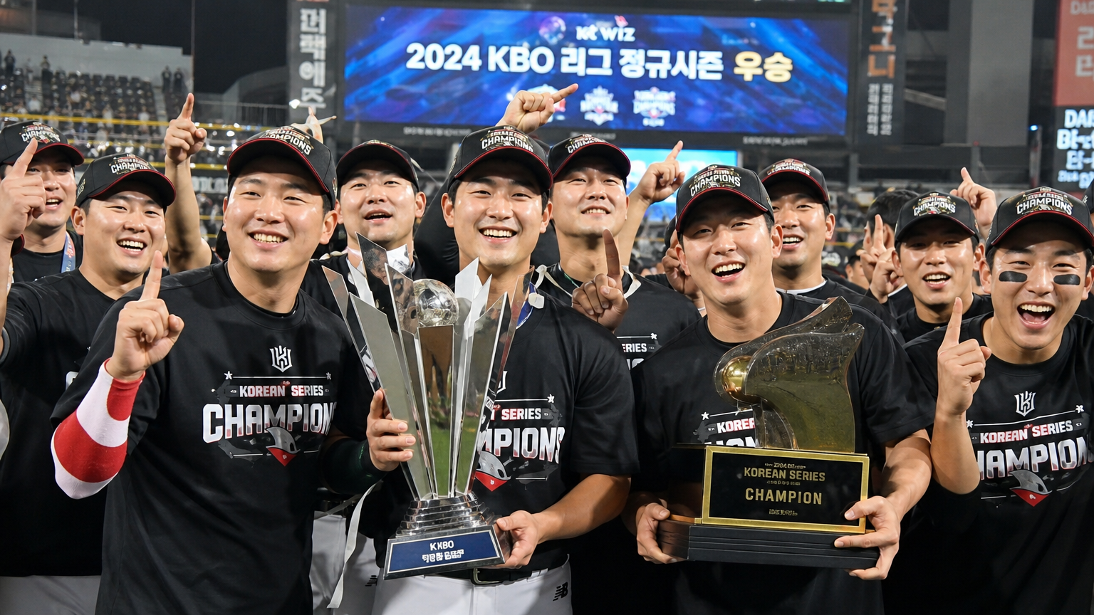 KT 위즈 선수들이 필드에서 시즌 우승을 축하하는 모습