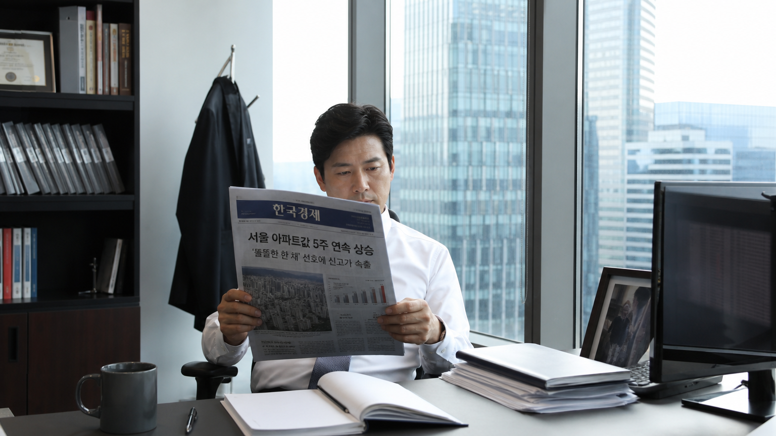 서울 오피스에서 신문을 읽고 있는 현대적인 비즈니스맨