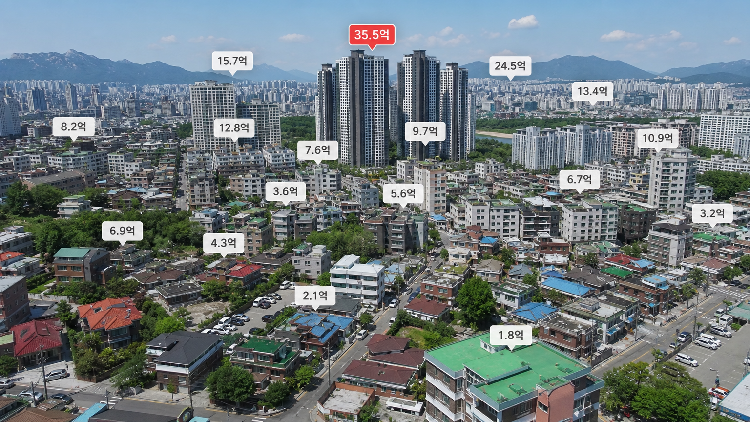 한국 주거지역 전경과 각 건물 위에 표시된 가격표