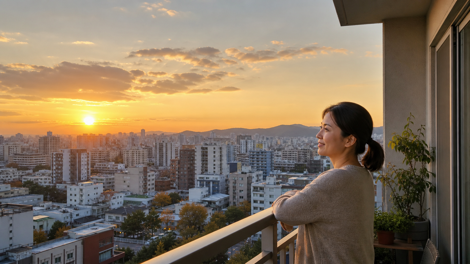 해질녘 도시를 배경으로 발코니에 서서 안도하는 집주인