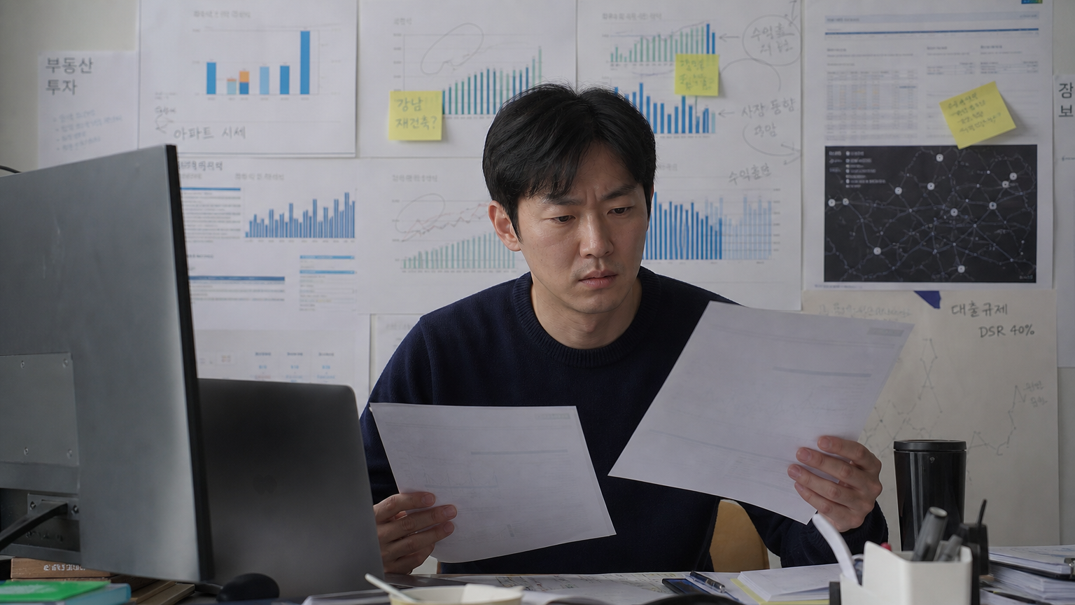 부동산 차트와 그래프로 가득한 홈오피스에서 문서를 검토하는 투자자