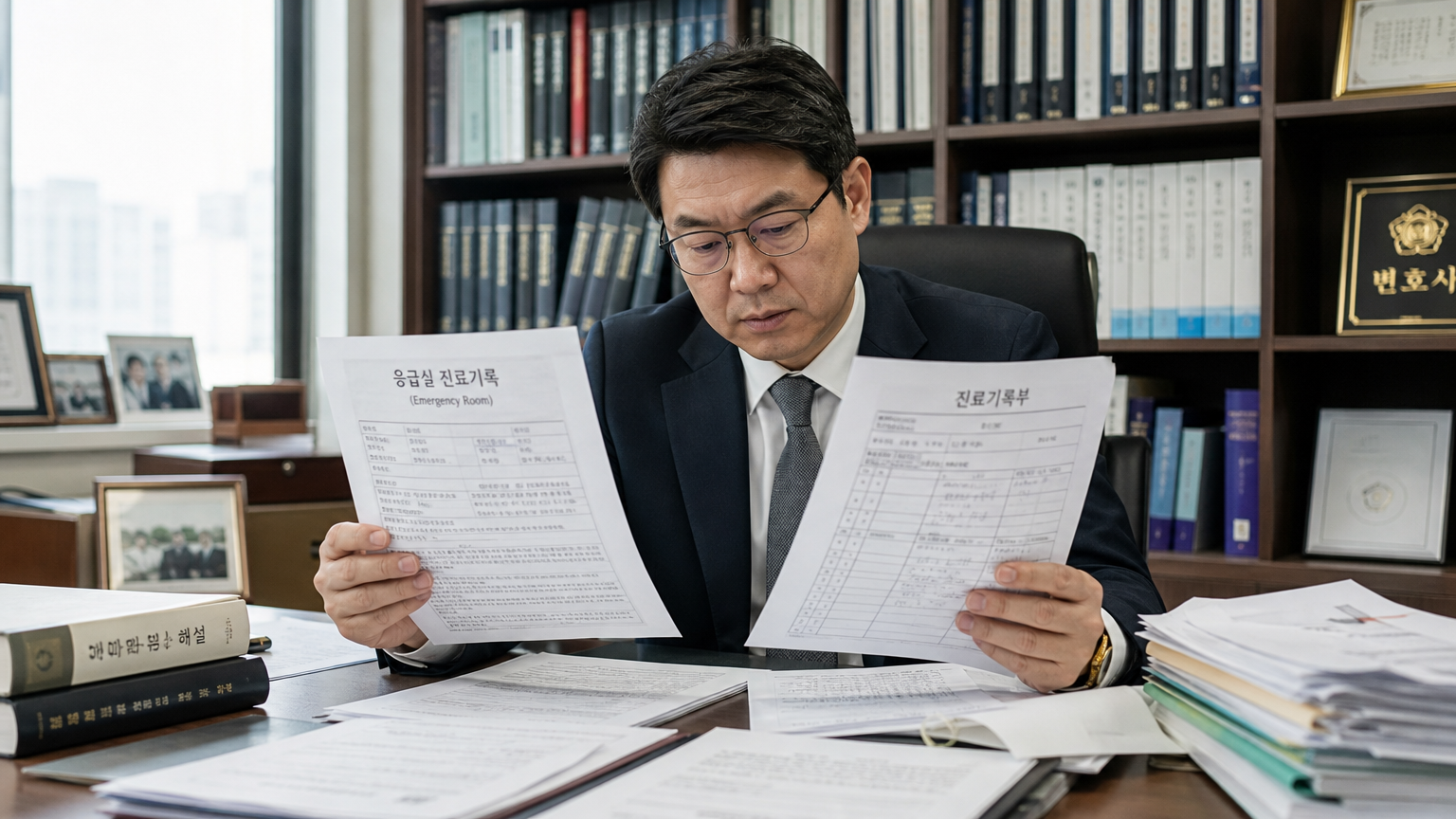 법률 전문가가 의료 및 구급 기록을 분석하는 모습