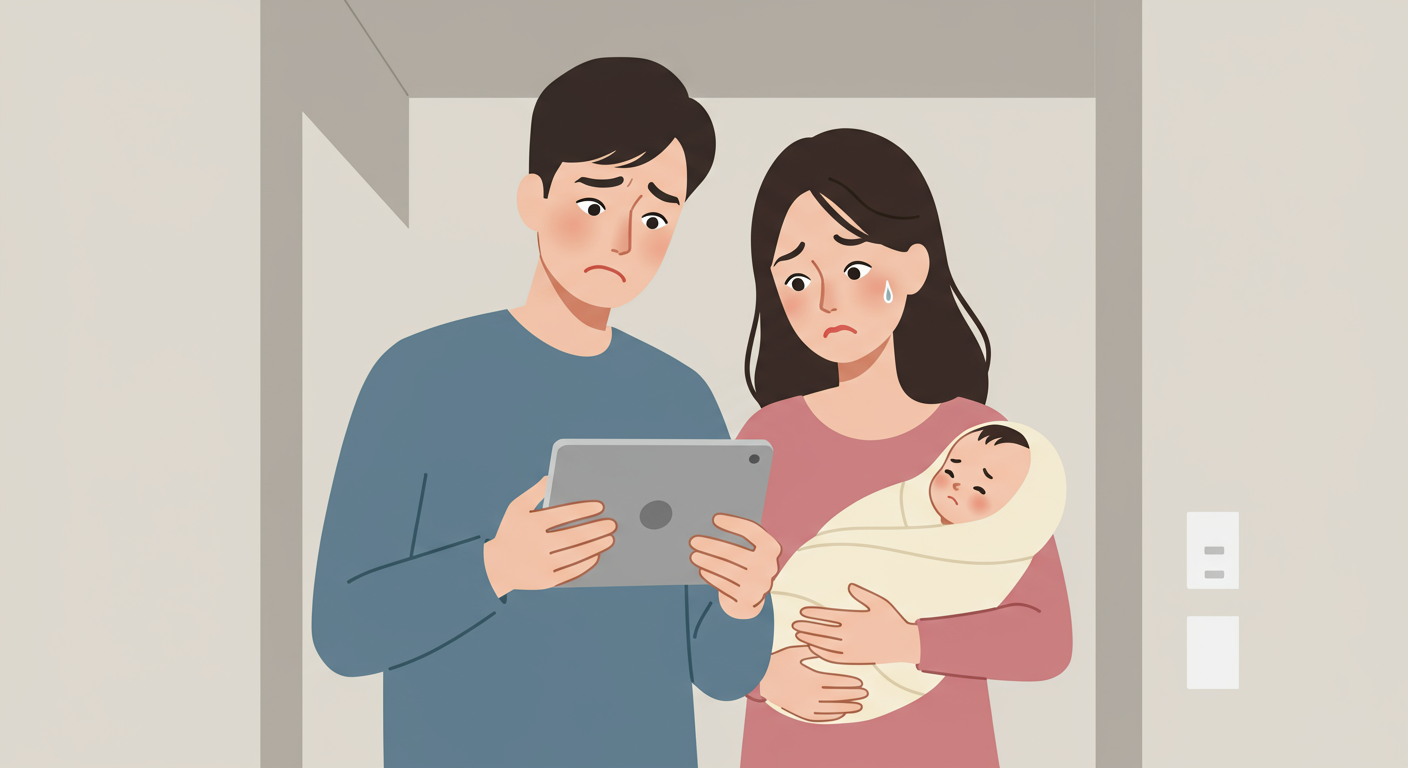 아기를 안고 아파트 목록을 보며 주거비 걱정을 하는 젊은 부모