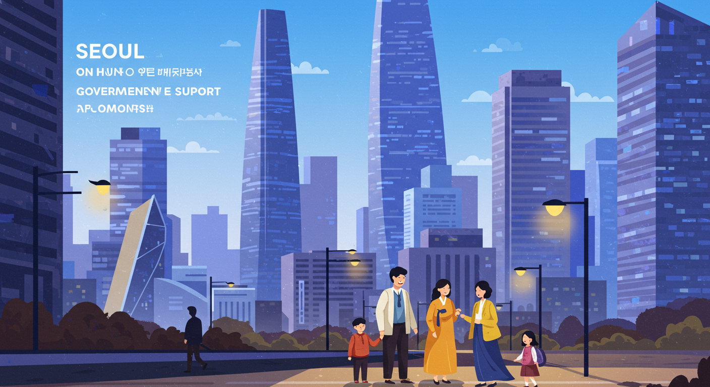현대적인 서울 풍경과 주거 지원 정책을 논의하는 가족