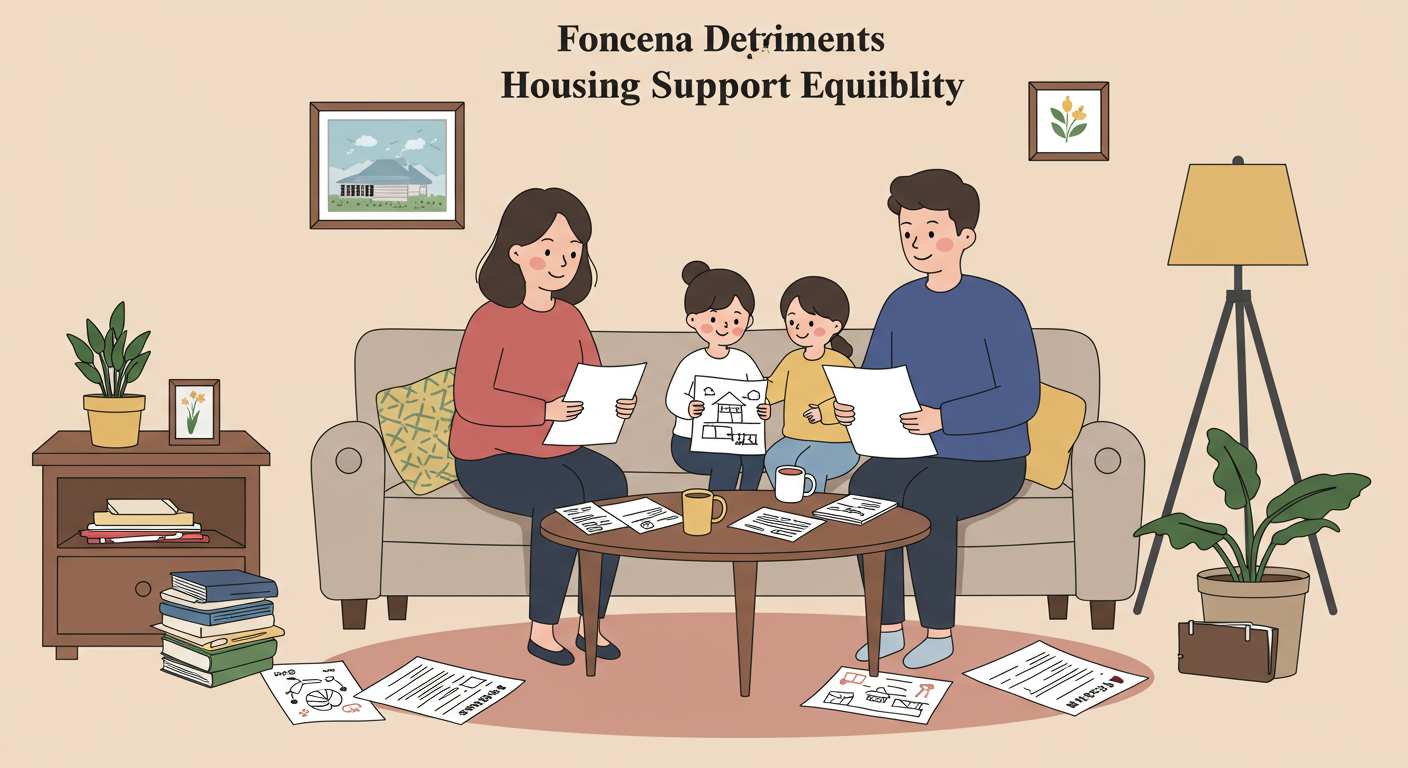 집에서 주거비 지원 자격 서류를 검토하는 가족의 모습