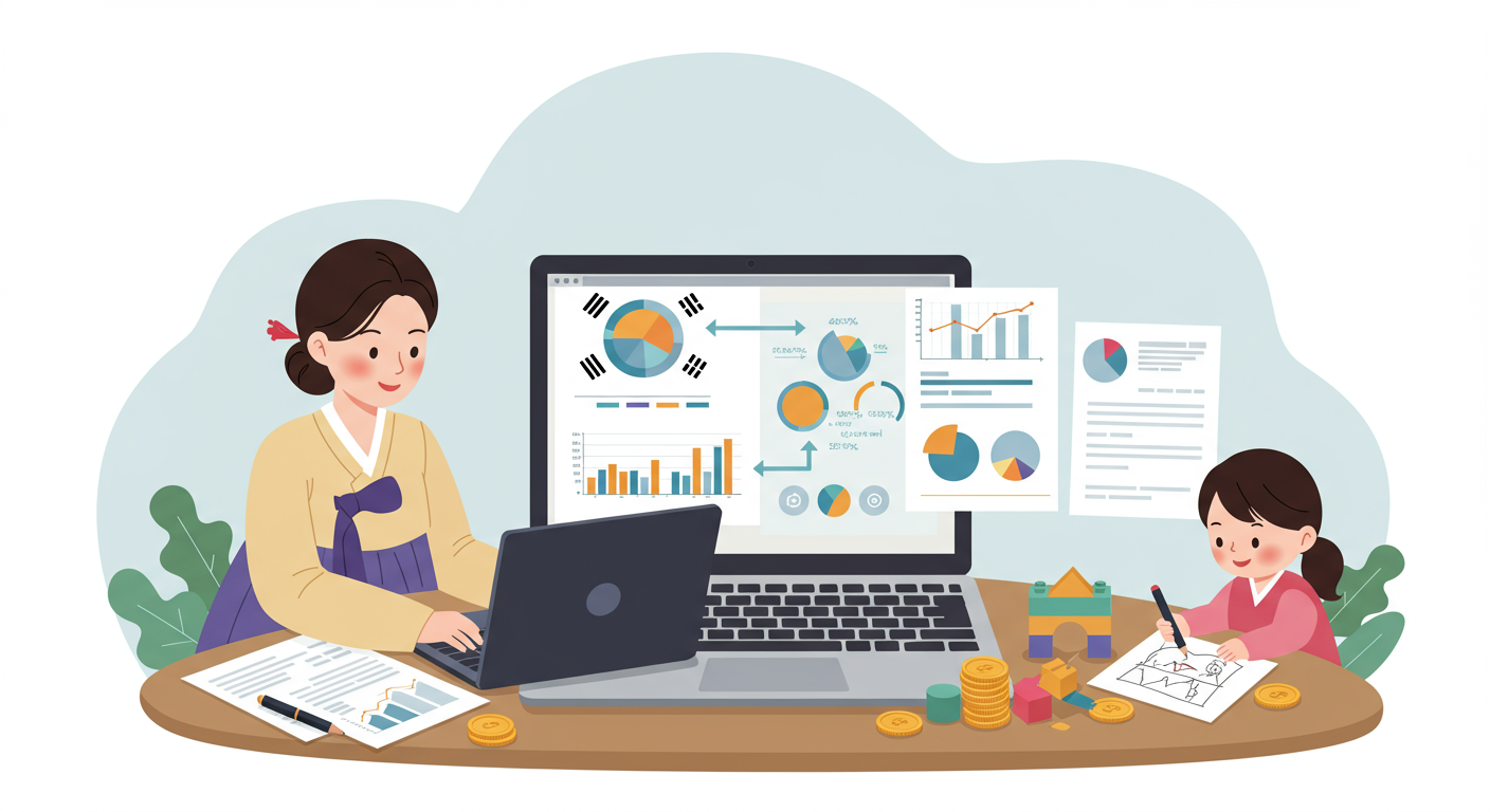 노트북으로 재정 계산을 하는 부모와 옆에서 놀고 있는 아이