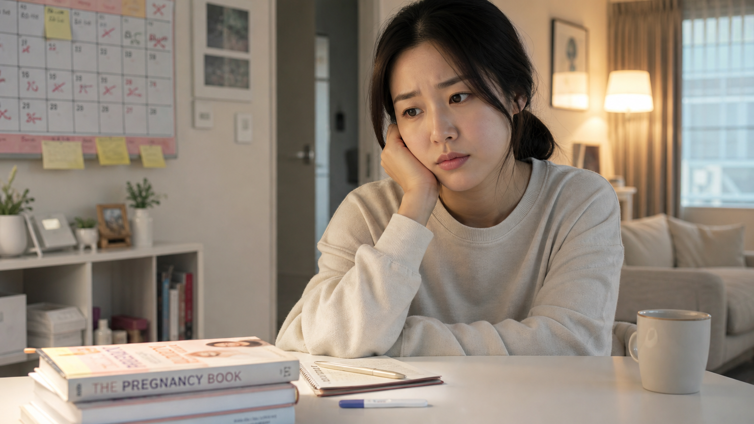 젊은 여성이 임신 초기증상으로 혼란스러워하며 집안에서 생각에 잠긴 모습